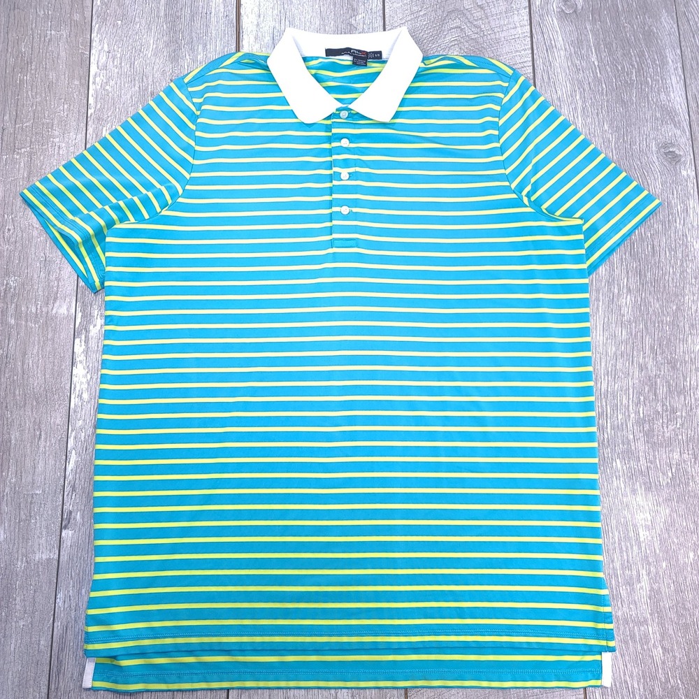 RLX Ralph Lauren Polo Shirt Mens XL Turquoise Lime Green Striped Golf SS